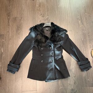 bebe Black Double-Breasted Pea Coat with Faux Fur Collar